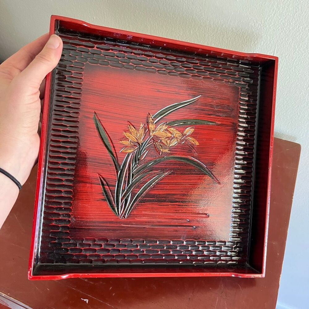 Toyo Japanese Lacquer Serving Tray Floral Asian Decor Hollywood Regency Barware